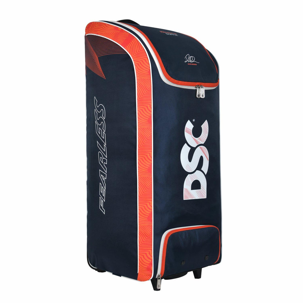 DSC Krunch Duffle Cricket Kit Bag with Wheels | Large Cricket Equipment Bag | Holds 4 Bats, Ventilated Shoe Pocket | Navy/Orange