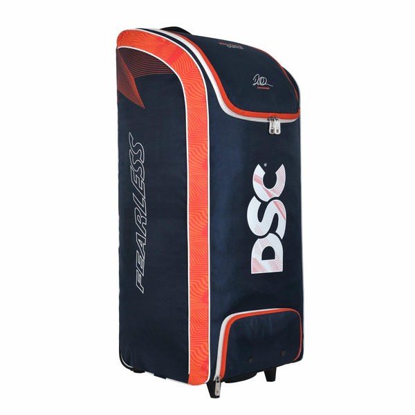 DSC Krunch Duffle Cricket Kit Bag with Wheels | Large Cricket Equipment Bag | Holds 4 Bats, Ventilated Shoe Pocket | Navy/Orange