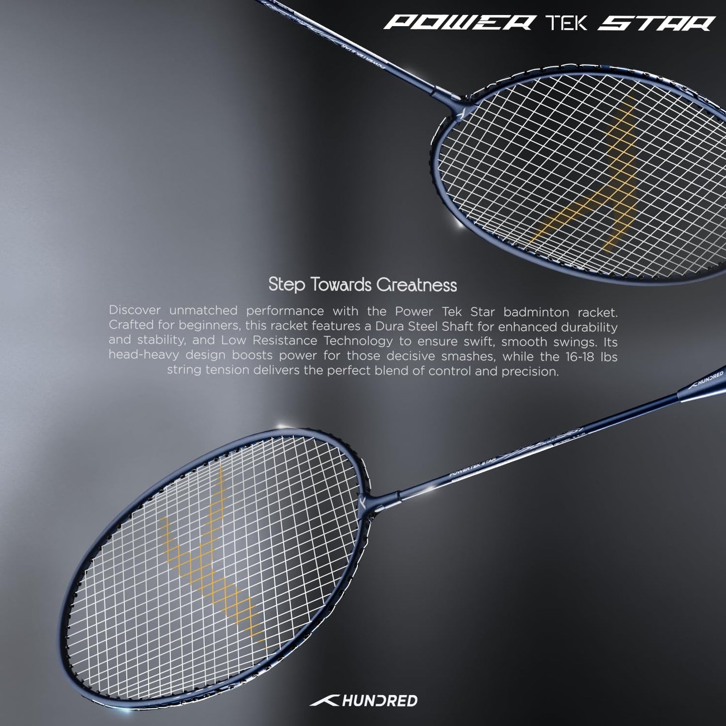 HUNDRED Powertek Star (2 Strung Rackets + 2pc Nylon Shuttlecocks), 16-18 LBS - Best Price online Prokicksports.com