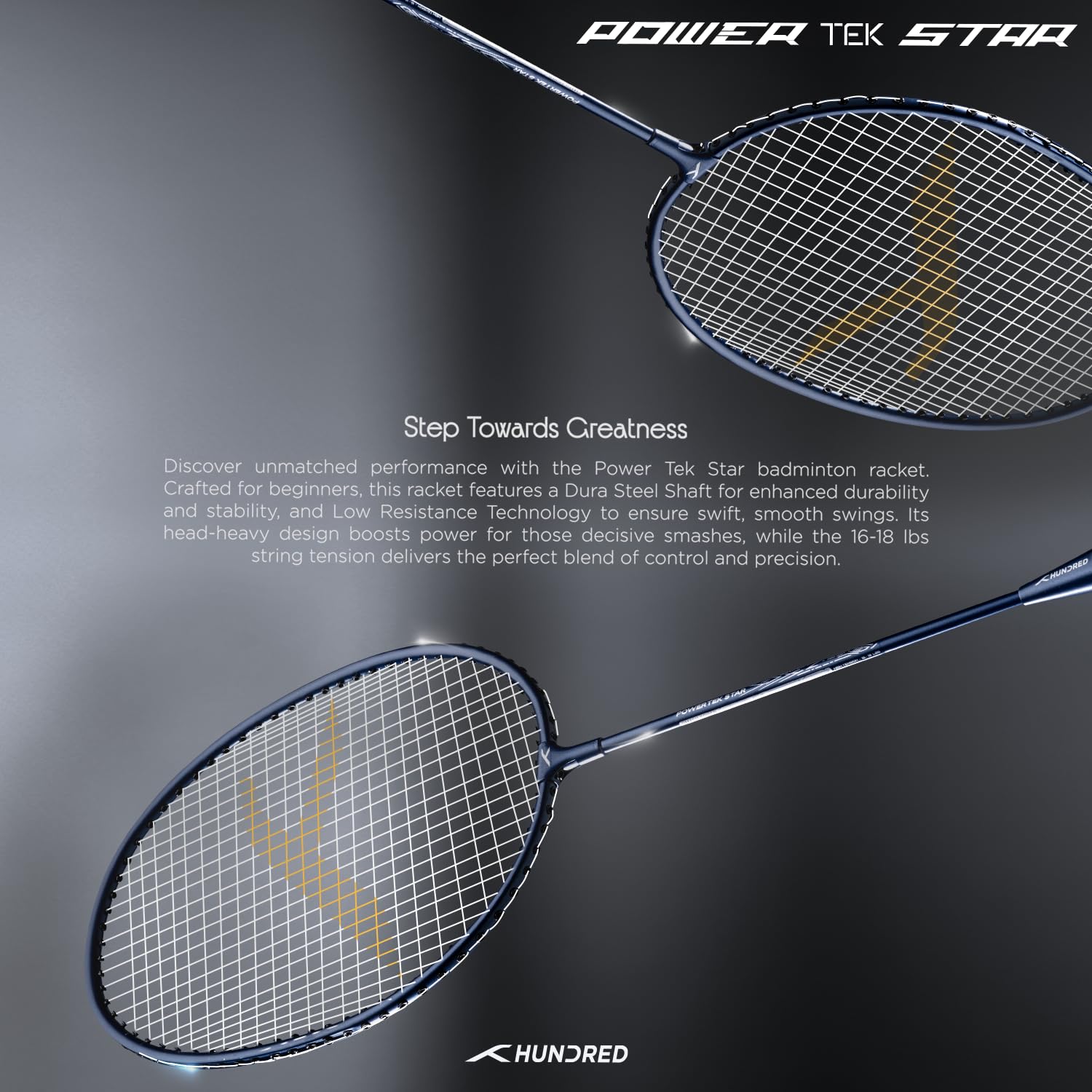 HUNDRED Powertek Star (2 Strung Rackets + 2pc Nylon Shuttlecocks), 16-18 LBS - Best Price online Prokicksports.com