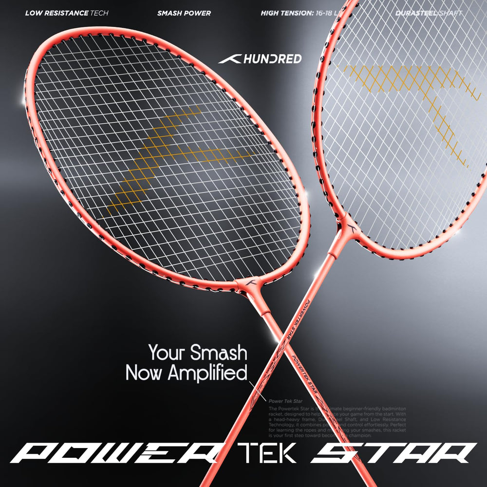 HUNDRED Powertek Star (2 Strung Rackets + 2pc Nylon Shuttlecocks), 16-18 LBS - Best Price online Prokicksports.com