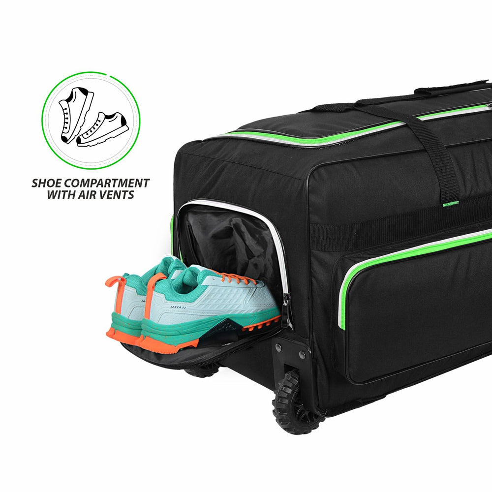 DSC Spliit 2002 Wheelie Cricket Kit Bag | Large Cricket Equipment Bag with Wheels | Padded Bat Pockets, Shoe Pocket | Black/Green