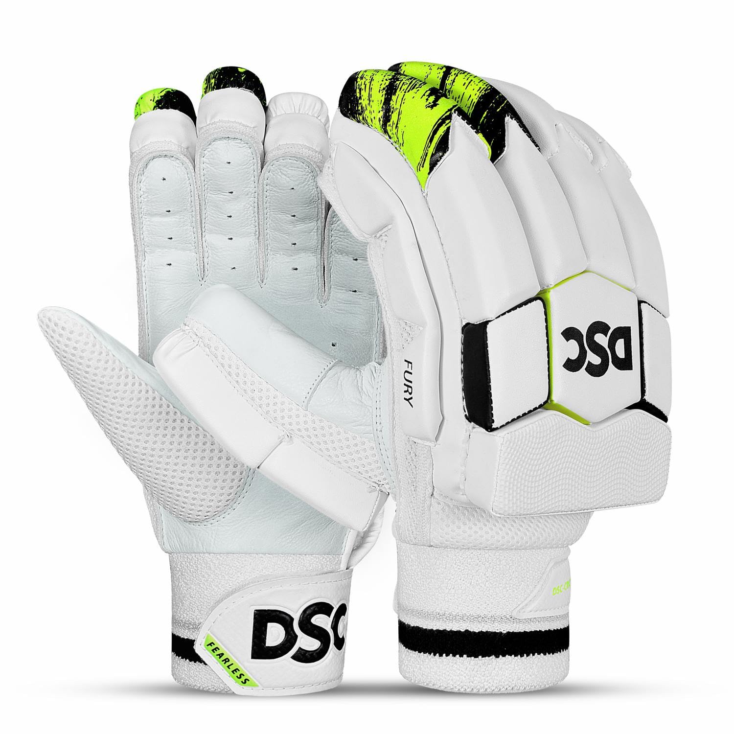 DSC Fury Right-Hand Men’s Batting Gloves, White/Black/Lime – Premium Leather Protection, Superior Grip & Comfort - Best Price online Prokicksports.com