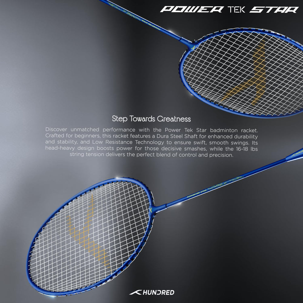 HUNDRED Powertek Star (2 Strung Rackets + 2pc Nylon Shuttlecocks), 16-18 LBS