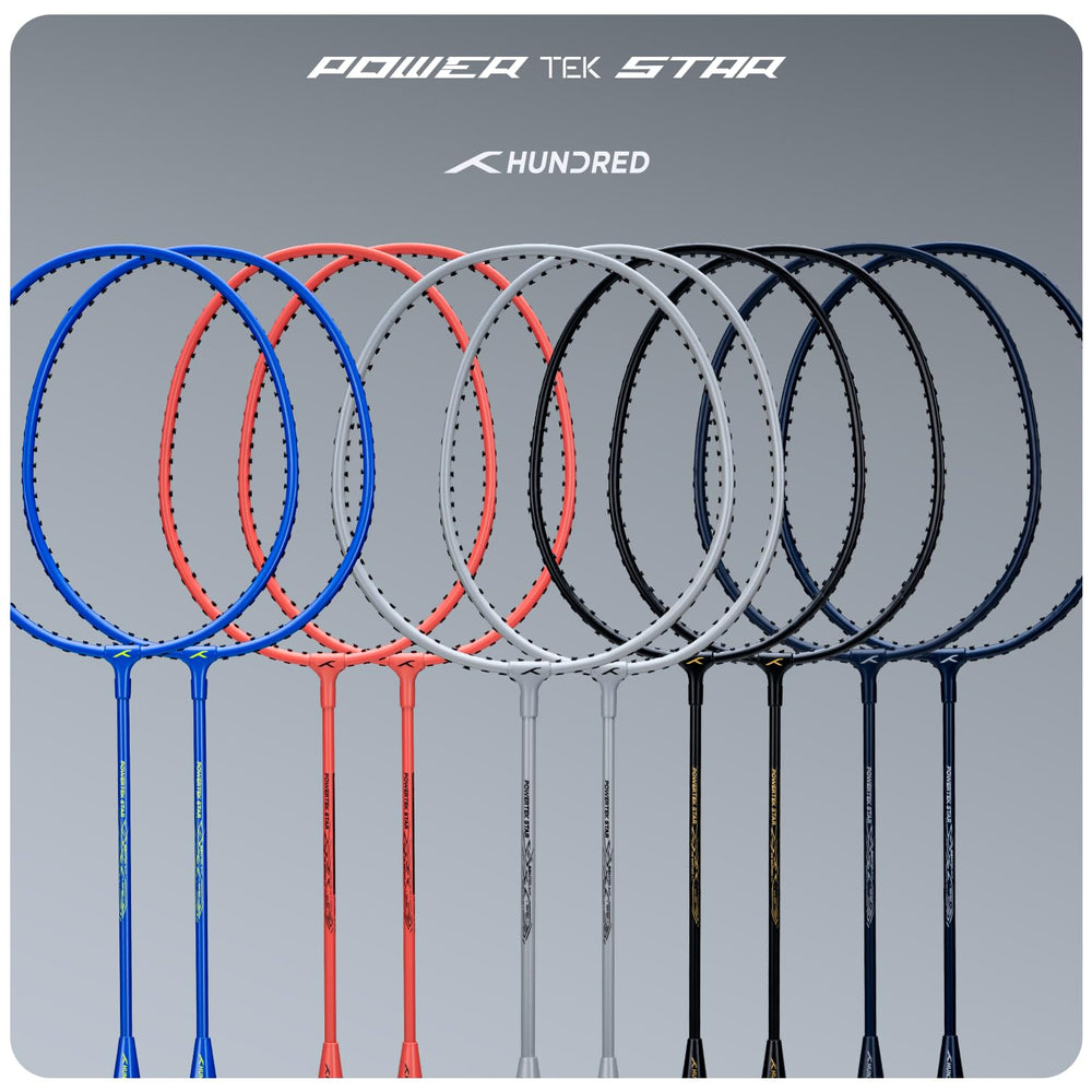 HUNDRED Powertek Star (2 Strung Rackets + 2pc Nylon Shuttlecocks), 16-18 LBS