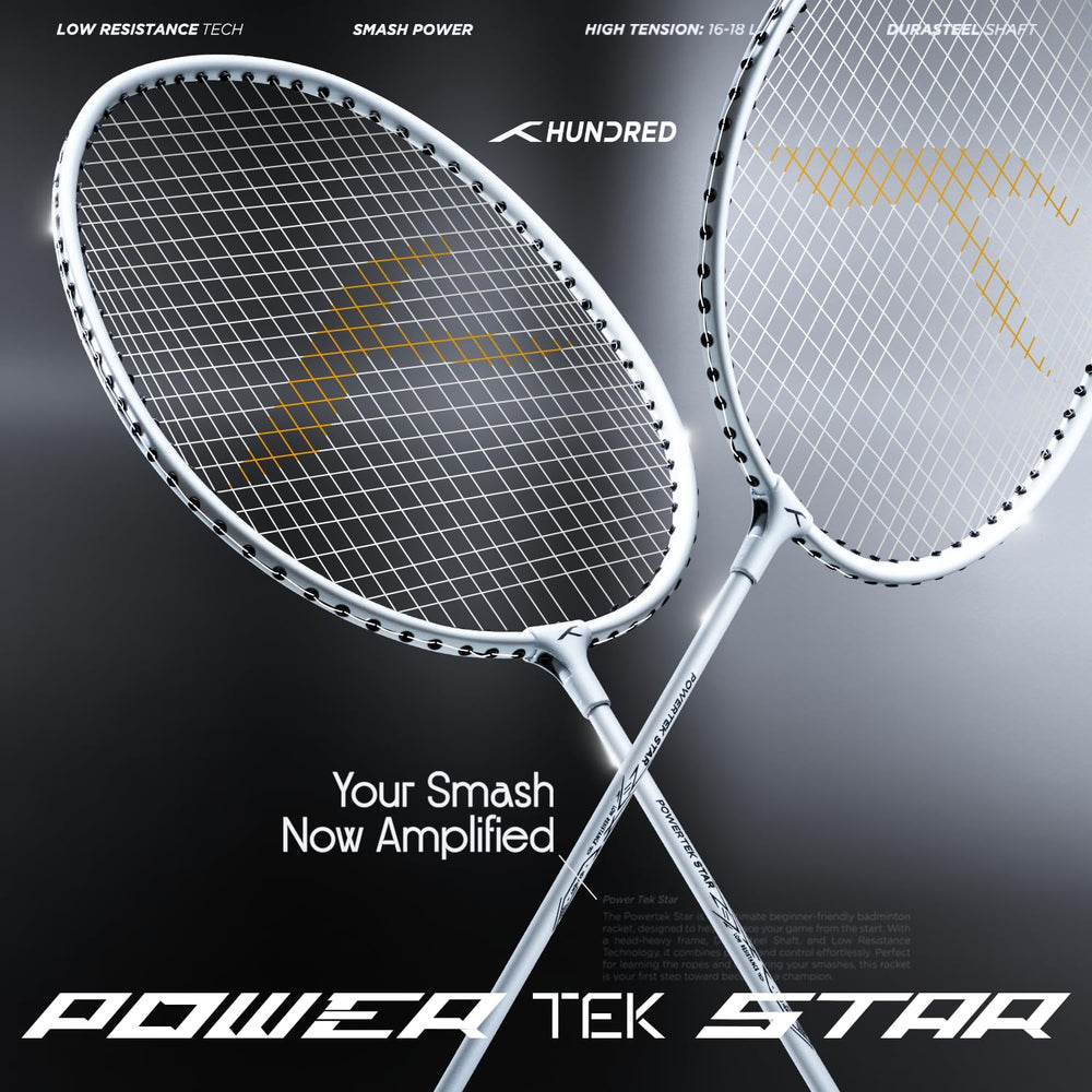 HUNDRED Powertek Star (2 Strung Rackets + 2pc Nylon Shuttlecocks), 16-18 LBS - Best Price online Prokicksports.com