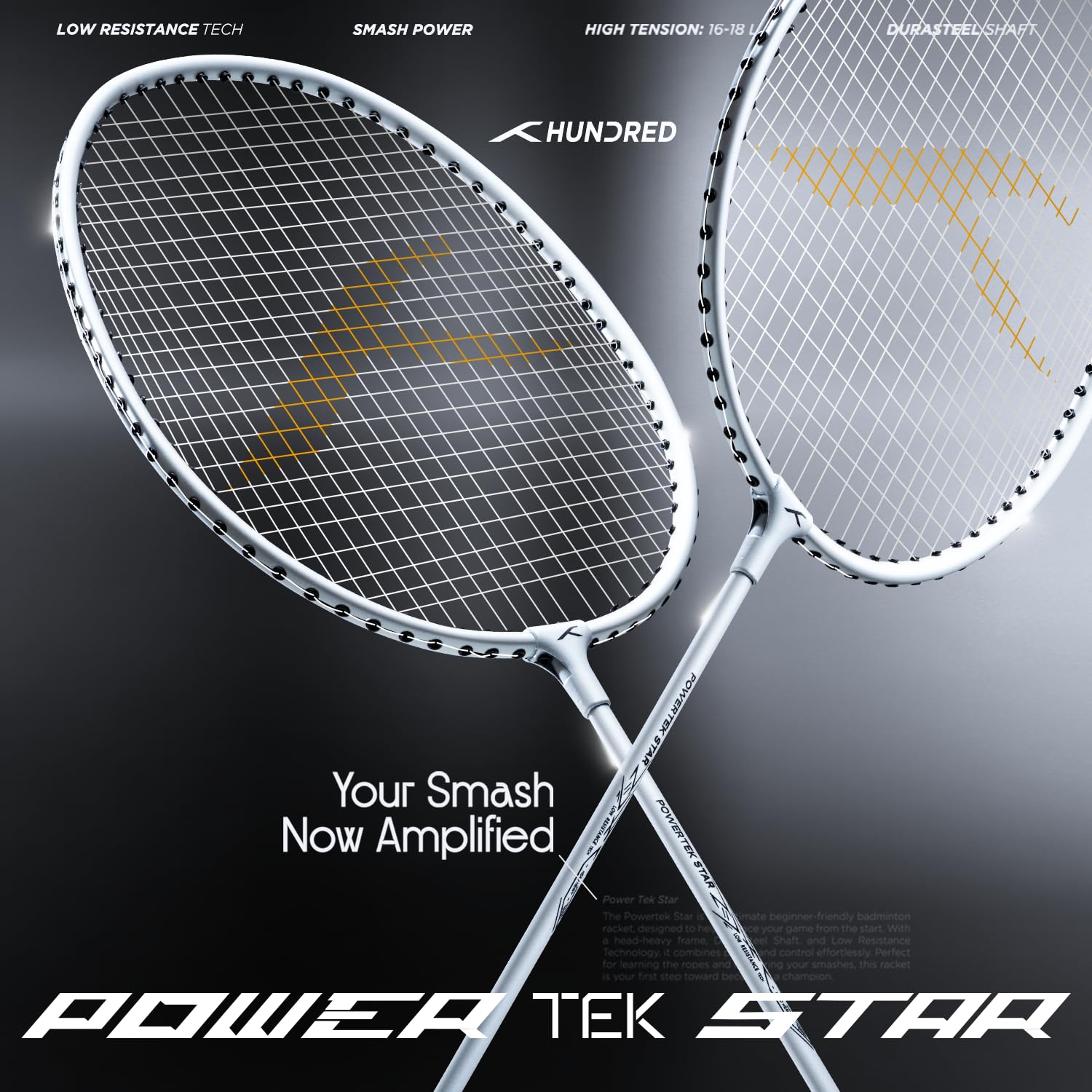 HUNDRED Powertek Star (2 Strung Rackets + 2pc Nylon Shuttlecocks), 16-18 LBS - Best Price online Prokicksports.com
