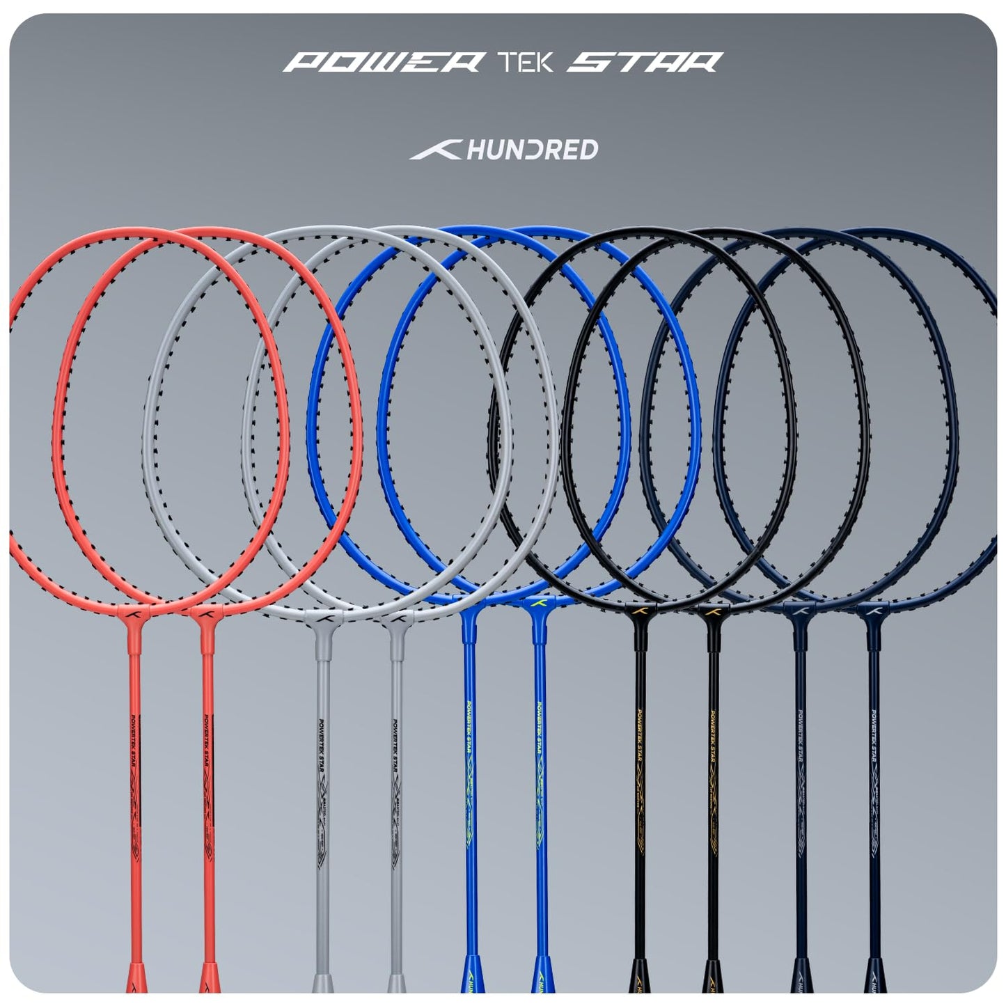 HUNDRED Powertek Star (2 Strung Rackets + 2pc Nylon Shuttlecocks), 16-18 LBS - Best Price online Prokicksports.com