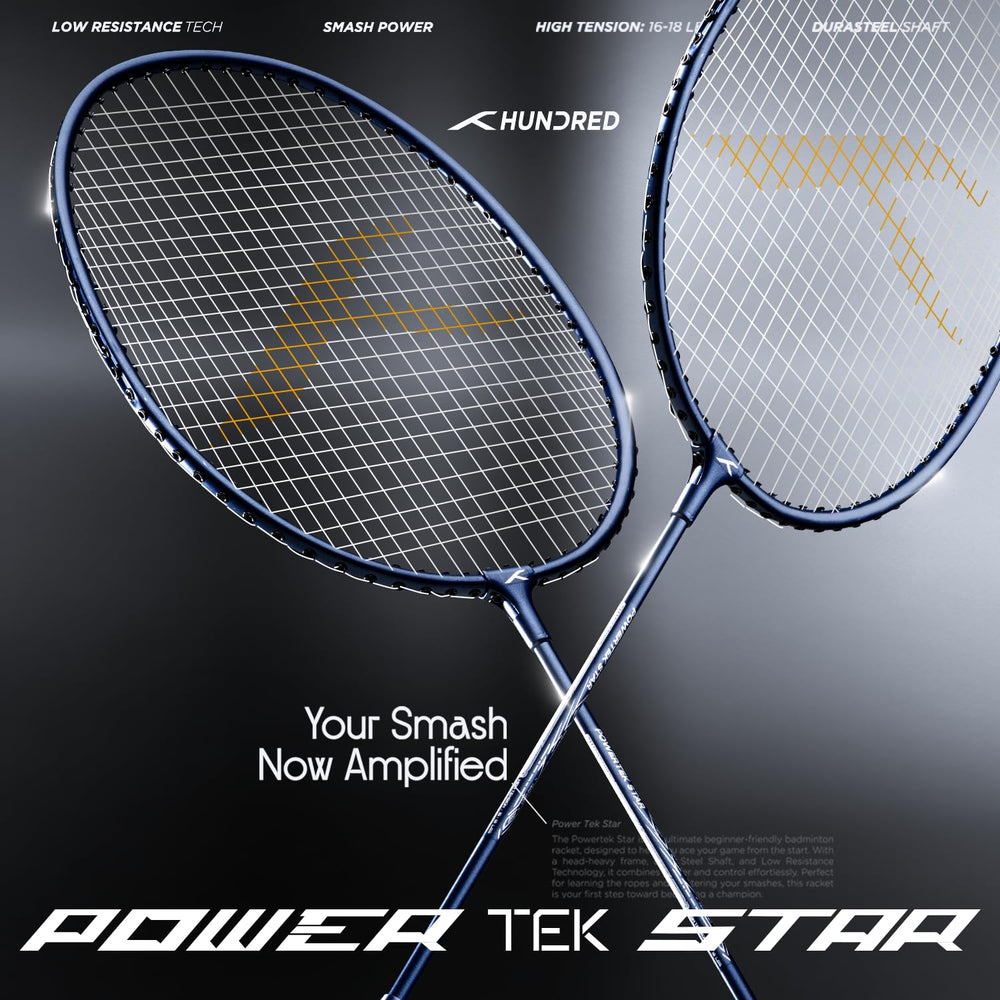 HUNDRED Powertek Star (2 Strung Rackets + 2pc Nylon Shuttlecocks), 16-18 LBS - Best Price online Prokicksports.com