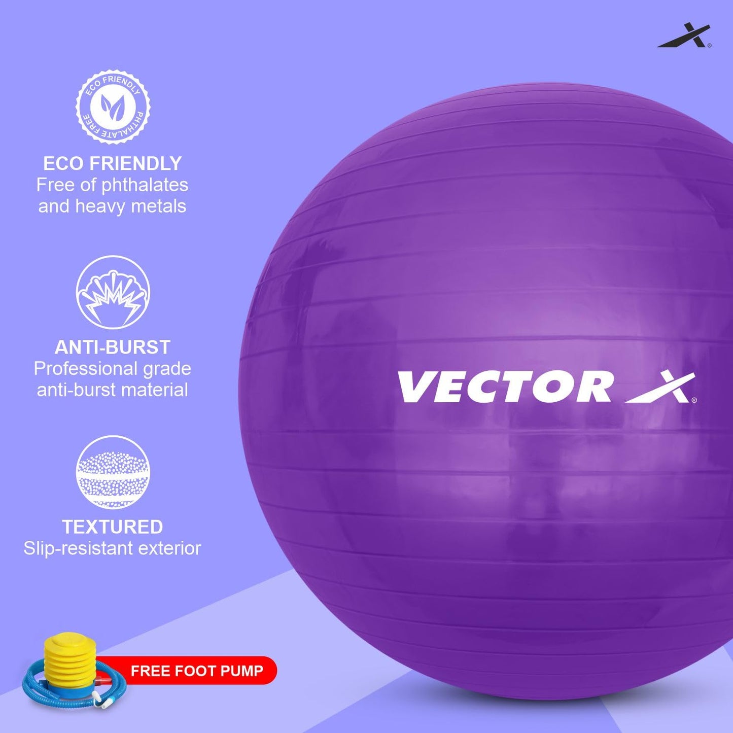 Vector X Unisex Anti Burst Gym Ball With Free Foot Pump | Swiss Exercise & Birthing Ball for Workout & Rehabilitation - Best Price online Prokicksports.com