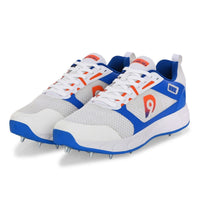 Dnine Hunter 2 Cricket Batting Shoe with Metal Spikes – White/Orange/Blue | Pro Performance PU Upper, Shock Absorbing EVA Midsole, High Traction TPU Spike Outsole | Lightweight, Durable, and Water Resistant - Best Price online Prokicksports.com