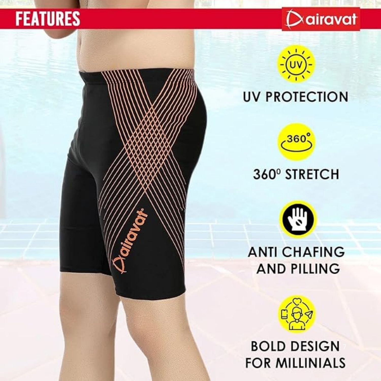 Airavat Surf 1505 Men's Swimming Jammer – Polyester, 360° Stretch, UV Protection, Anti-Chafe, Chlorine Resistant - Best Price online Prokicksports.com