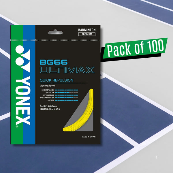 Yonex BG 66 Ultimax Badminton Strings – 0.65mm Gauge, 10m Sets, Pack of 100 (Pro-Level Speed & Precision)