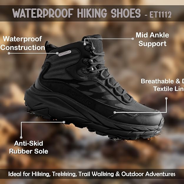 Adventra Waterproof Hiking Shoes for Men | Conquer Every Trail, Mid-Ankle Ripstop Upper, Anti-Skid Rubber Sole, EVA Cushioned Comfort, Reinforced Toe Cap, Rugged Terrain Ready