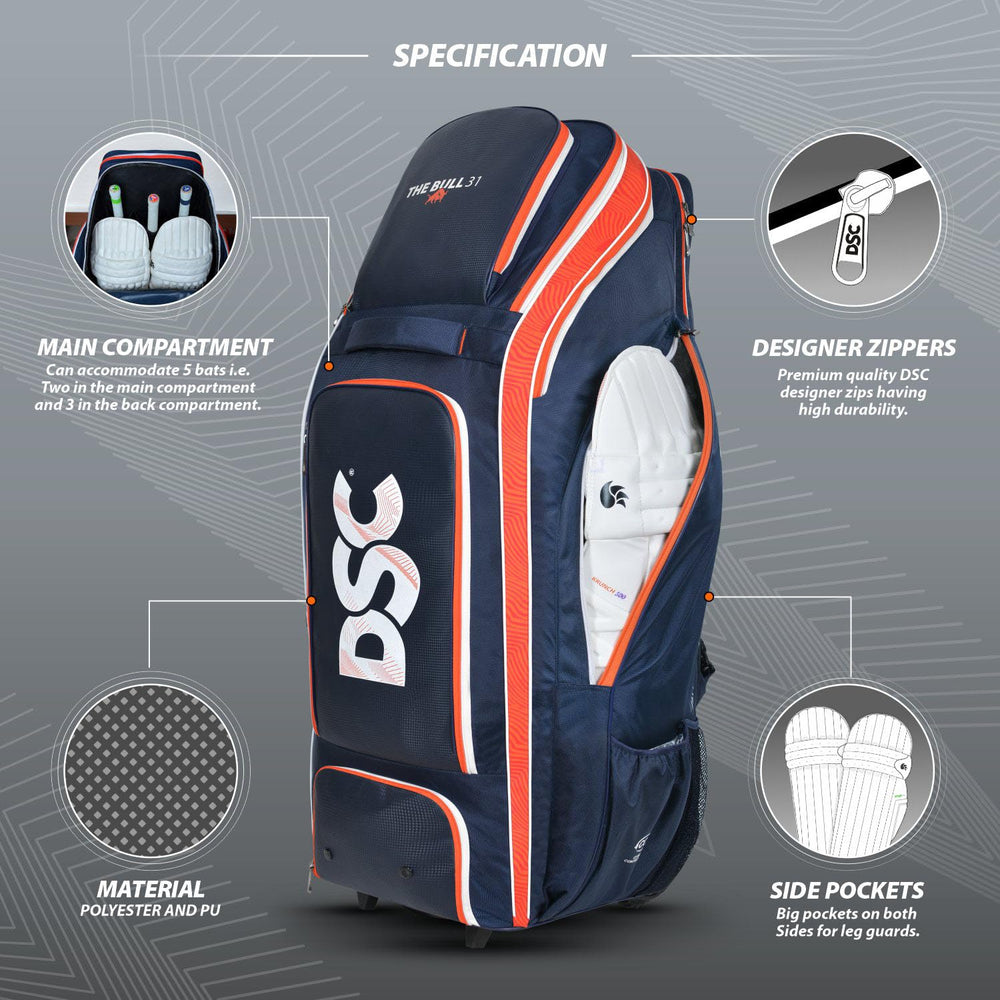 DSC Krunch Bull 31 Wheelie Cricket Kit Bag | Large Cricket Equipment Bag with Tractor Wheels | Holds 5 Bats, Helmet & Shoe Pocket