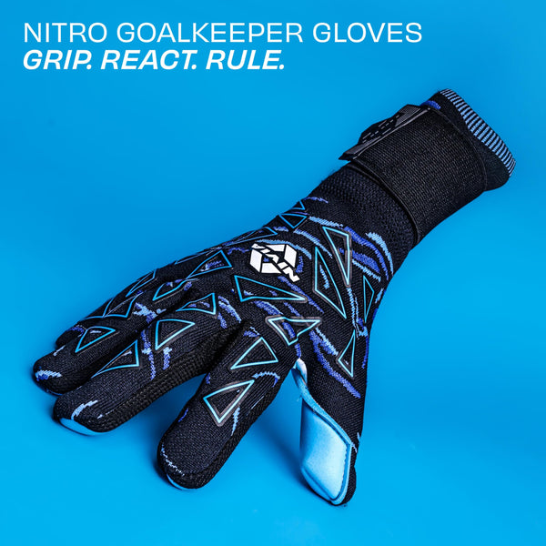 NIVIA NITRO GK Gloves Black Blue | Goalkeeper Gloves with 4mm Super Softy Python Latex Palm | Negative Cut Fit