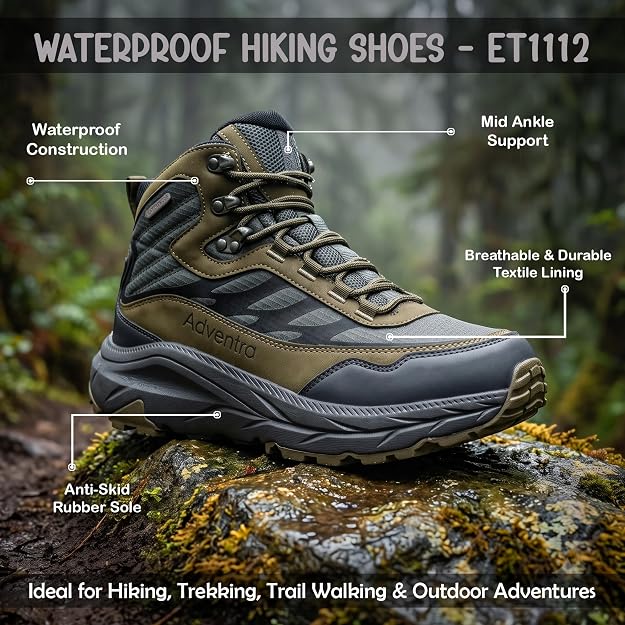 Adventra Waterproof Hiking Shoes for Men | Conquer Every Trail, Mid-Ankle Ripstop Upper, Anti-Skid Rubber Sole, EVA Cushioned Comfort, Reinforced Toe Cap, Rugged Terrain Ready