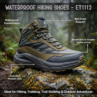 Adventra Waterproof Hiking Shoes for Men | Conquer Every Trail, Mid-Ankle Ripstop Upper, Anti-Skid Rubber Sole, EVA Cushioned Comfort, Reinforced Toe Cap, Rugged Terrain Ready