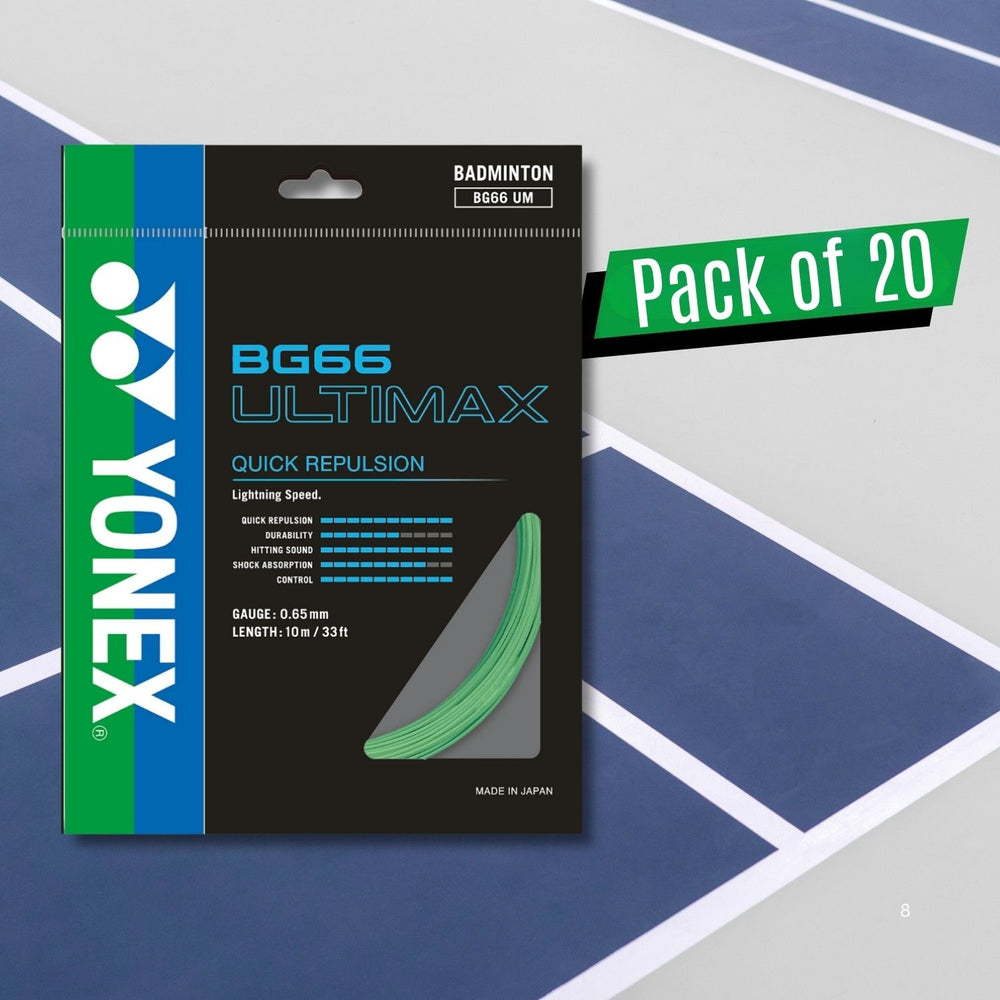 Yonex BG 66 Ultimax Badminton Strings – 0.65mm Gauge, 10m Sets, Pack of 20 ( Ultra-Thin High-Repulsion Control) - Best Price online Prokicksports.com