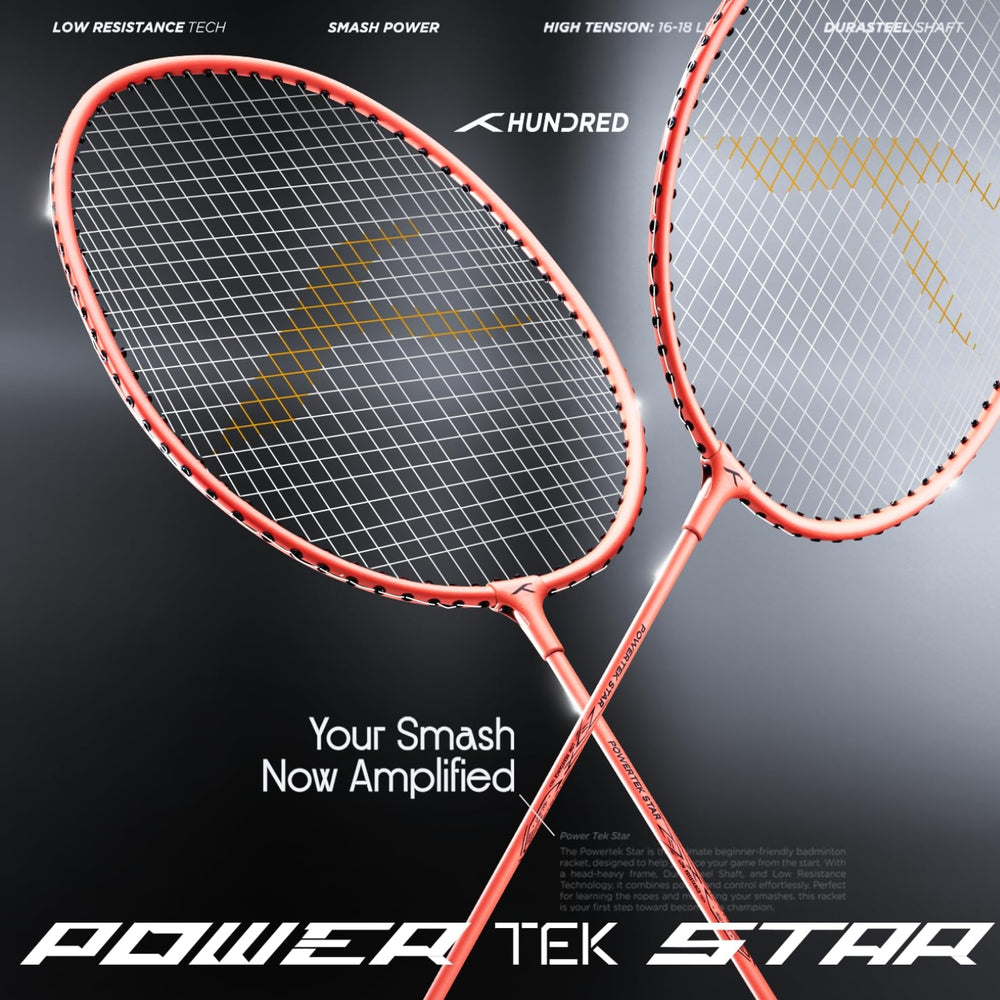 Hundred Powertek Star Strung Badminton Set (Pack of 2 Racquets) | Lightweight Aluminium Frame with Pre-Strung Strings, Full Cover & Shuttlecock Combo for Beginners - Best Price online Prokicksports.com