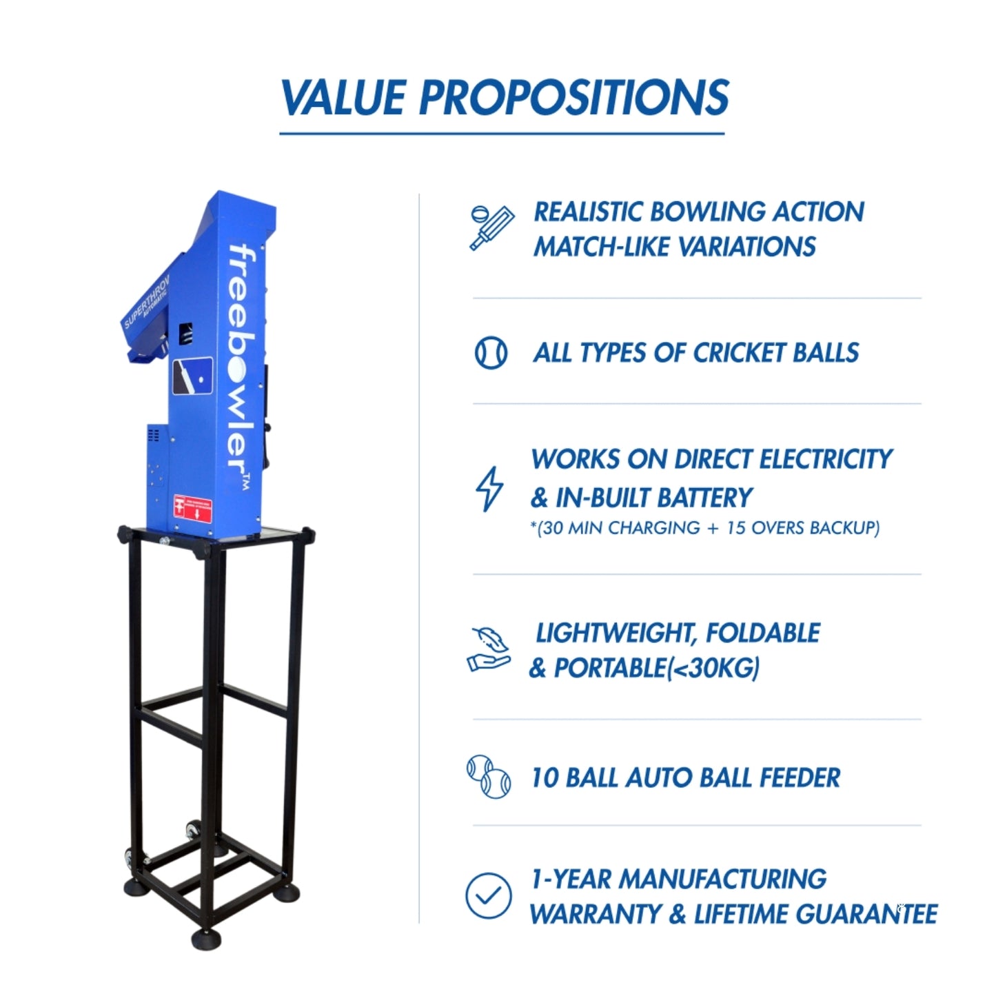 Freebowler Superthrower Standard is an FS2 automated, arm‑simulated and portable cricket bowling machine designed to throw real balls at adjustable speeds for realistic net practice. - Best Price online Prokicksports.com