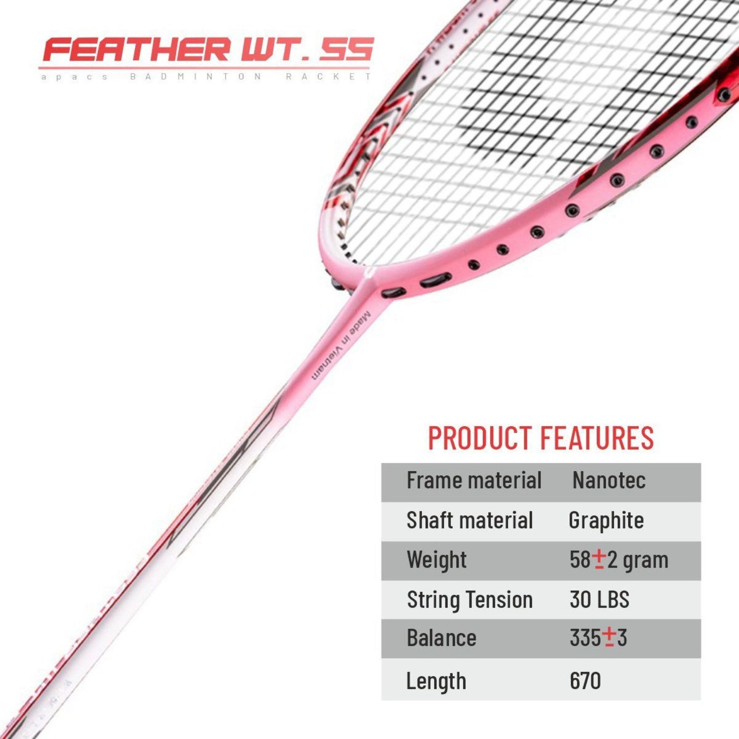 Apacs Feather Weight 55 Unstrung Badminton Racquet | Ultra-Light 58g Frame | High Modulus Graphite | Powerful Smash Control | Advanced Speed Racquet