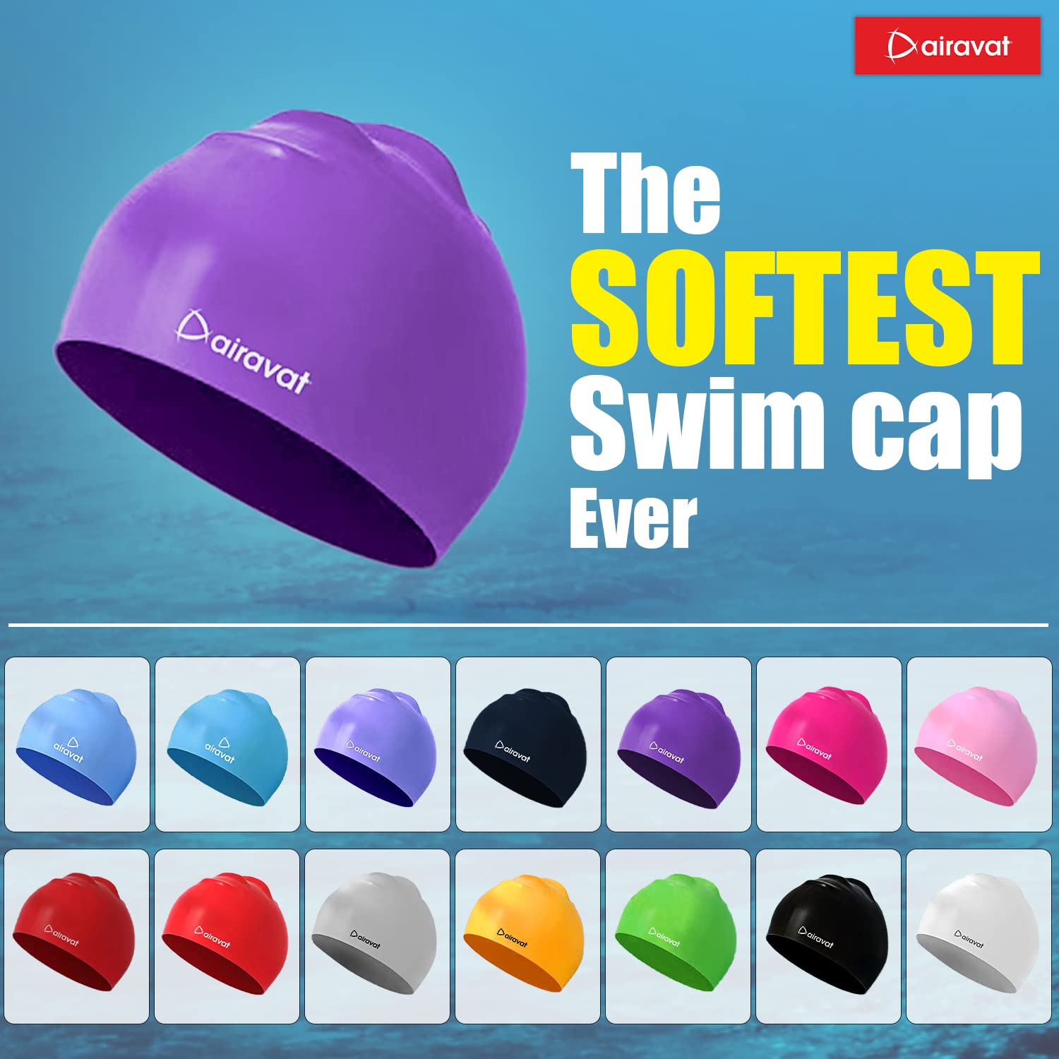 Airavat Classic Silicone Swim Cap – Comfortable & Durable Bathing Cap for Short, Medium & Long Hair – Unisex Swimming Cap for Men & Women - Best Price online Prokicksports.com