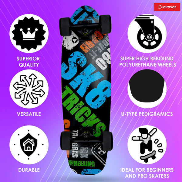AIRAVAT Gallant Wooden Skateboard | Premium 7-Layer Deck with Non-Slip PU Wheels | Multicolor Board for Kids, Teens & Adults | Weight Capacity up to 100Kg