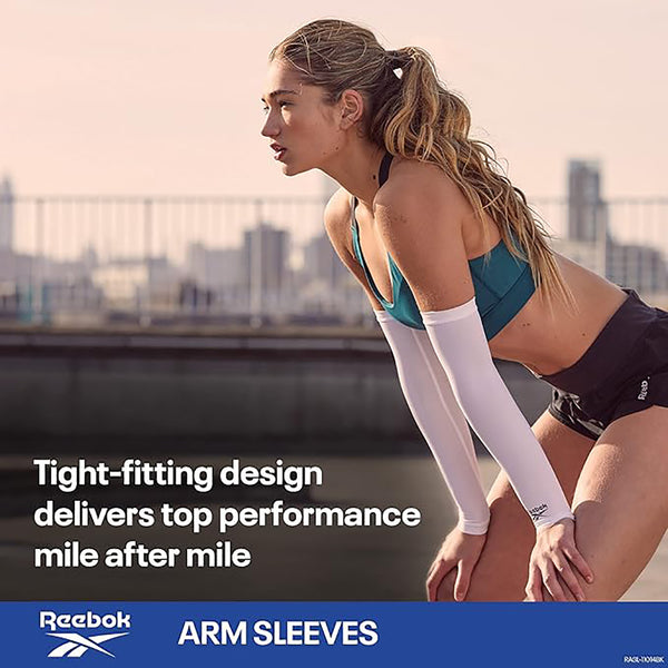 Reebok Unisex Black Arm Sleeves for Sports, Running, Gym, UV Protection, Compression & Sweat Absorption