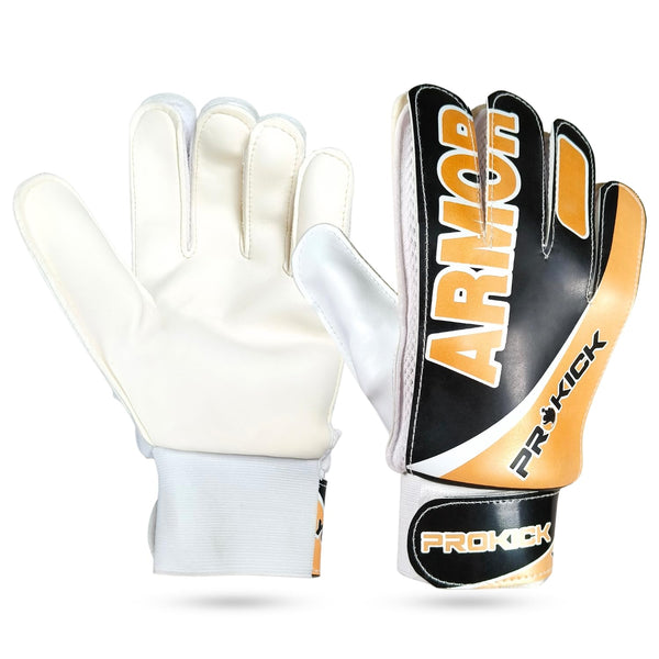 Prokick Armor Football Goalkeeper Gloves Black Gold with Strong Grip Latex Palm, Finger Protection, Comfort Padding for Training and Match Play
