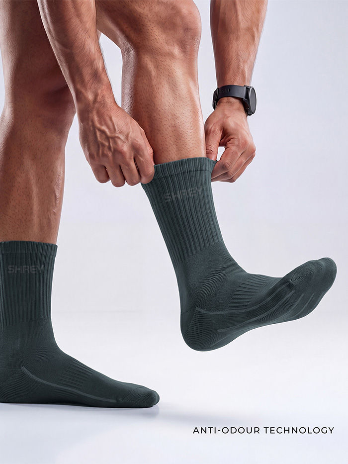 Shrey Original Match Cricket Socks (Pack of 3) | Combed Cotton, Cordura Heel & Toe | Grey-White/Viridian Green/Black Sand