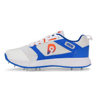 Dnine Hunter 2 Cricket Batting Shoe with Metal Spikes – White/Orange/Blue | Pro Performance PU Upper, Shock Absorbing EVA Midsole, High Traction TPU Spike Outsole | Lightweight, Durable, and Water Resistant - Best Price online Prokicksports.com
