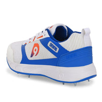 Dnine Hunter 2 Cricket Batting Shoe with Metal Spikes – White/Orange/Blue | Pro Performance PU Upper, Shock Absorbing EVA Midsole, High Traction TPU Spike Outsole | Lightweight, Durable, and Water Resistant - Best Price online Prokicksports.com