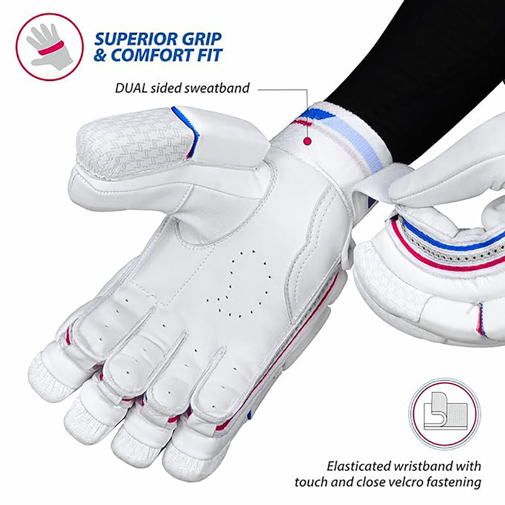 DSC Intense Passion Men's Leather Cricket Batting Gloves (Right Hand) – White/Red/Blue - Best Price online Prokicksports.com