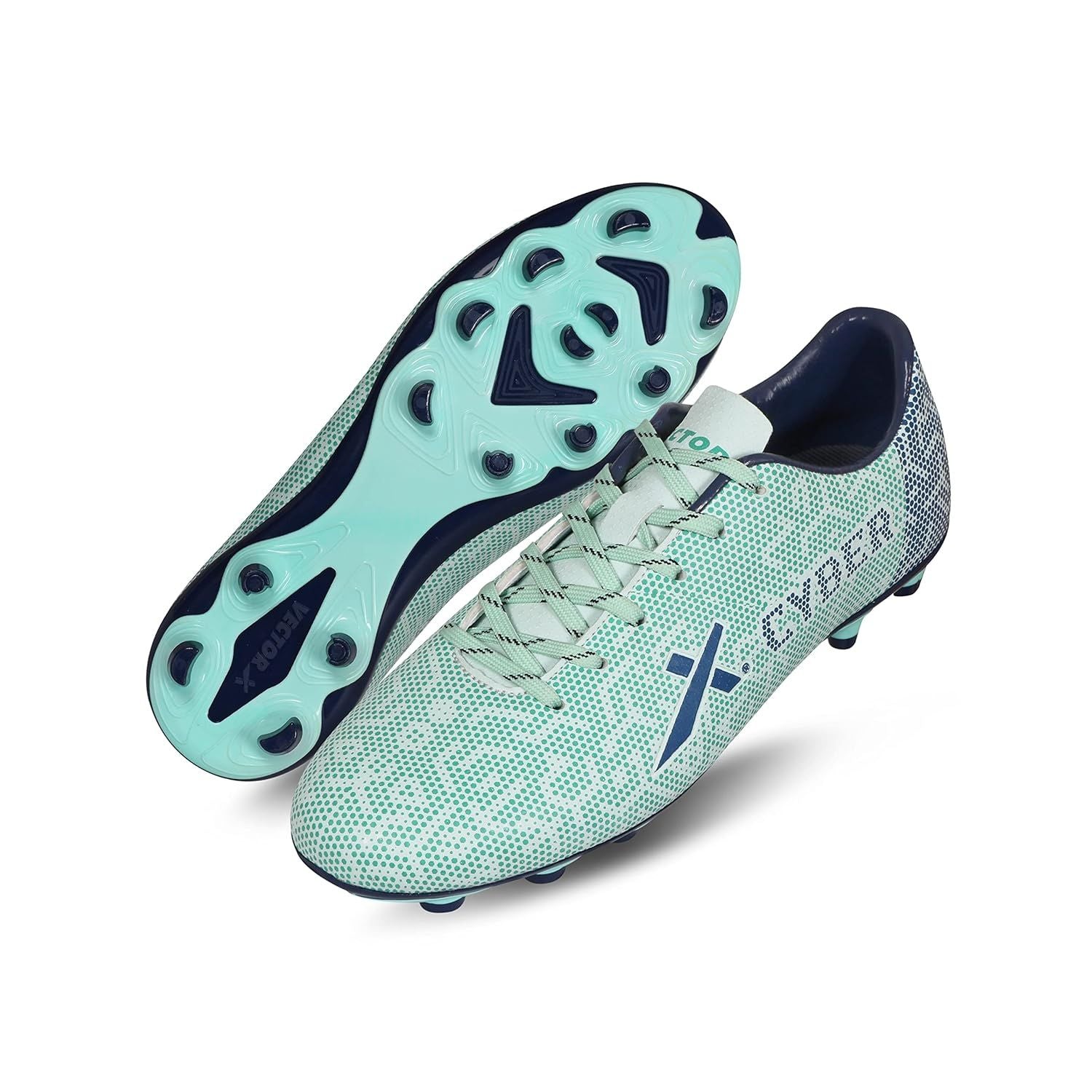 Vector X Cyber Football Studs Sports Shoe | Hybrid FG/AG Sole | Lightweight Synthetic Upper | Enhanced Traction | Sea Green/Navy - Best Price online Prokicksports.com