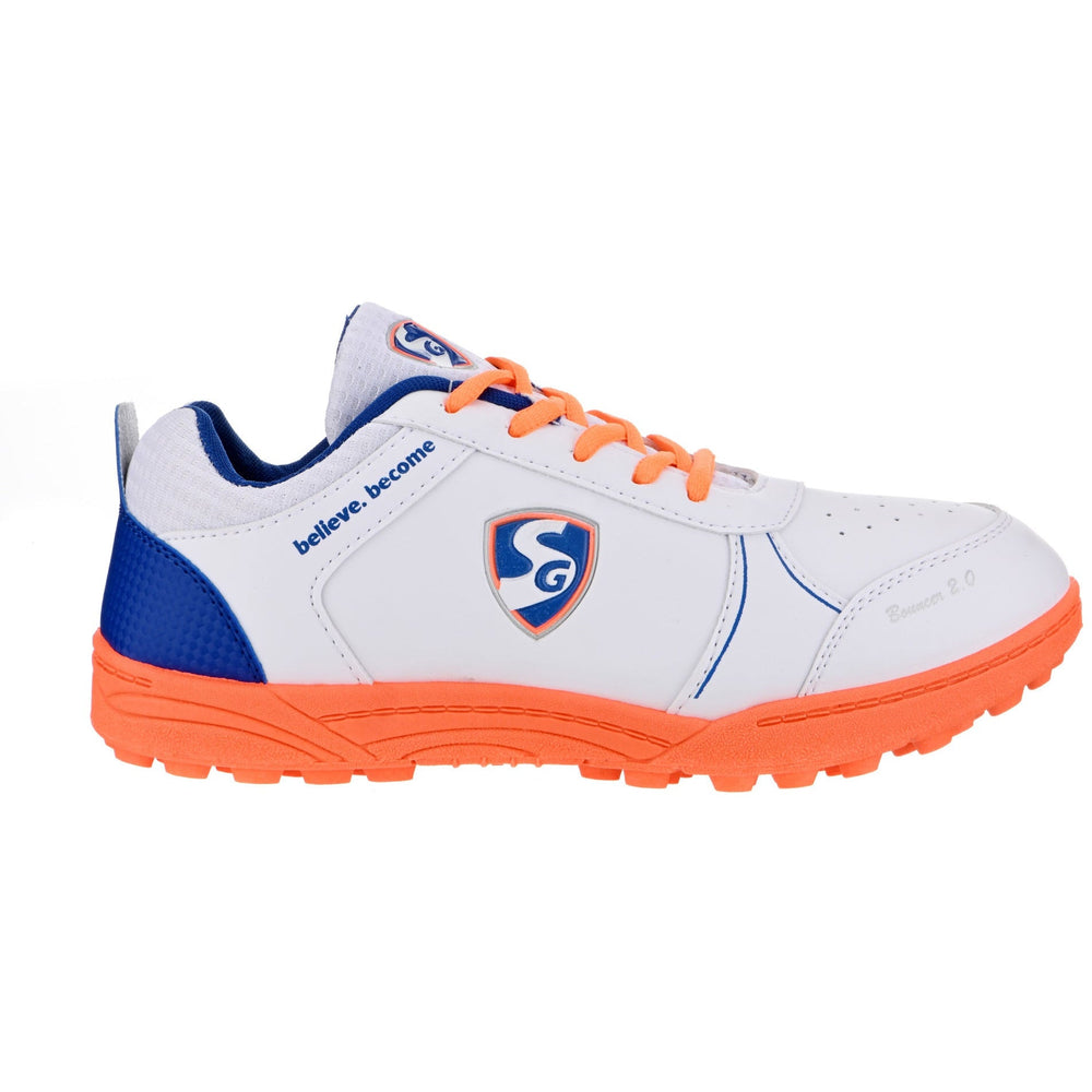 SG BR2 Cricket Shoes with PVC Studs | White/Royal Blue/Orange