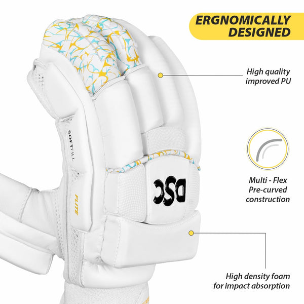 DSC Condor Flite Right Hand Batting Gloves – White Cricket Gloves with Superior Protection, Breathability, and Grip for Professional Batsmen
