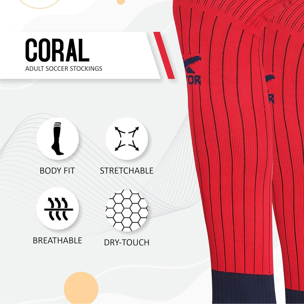 Vector X Coral Nylon Soccer Stocking Socks | Large Size | Adults with Stretchable Fit, Breathable Fabric, Ankle Grip and Moisture-Wicking Comfort - Best Price online Prokicksports.com