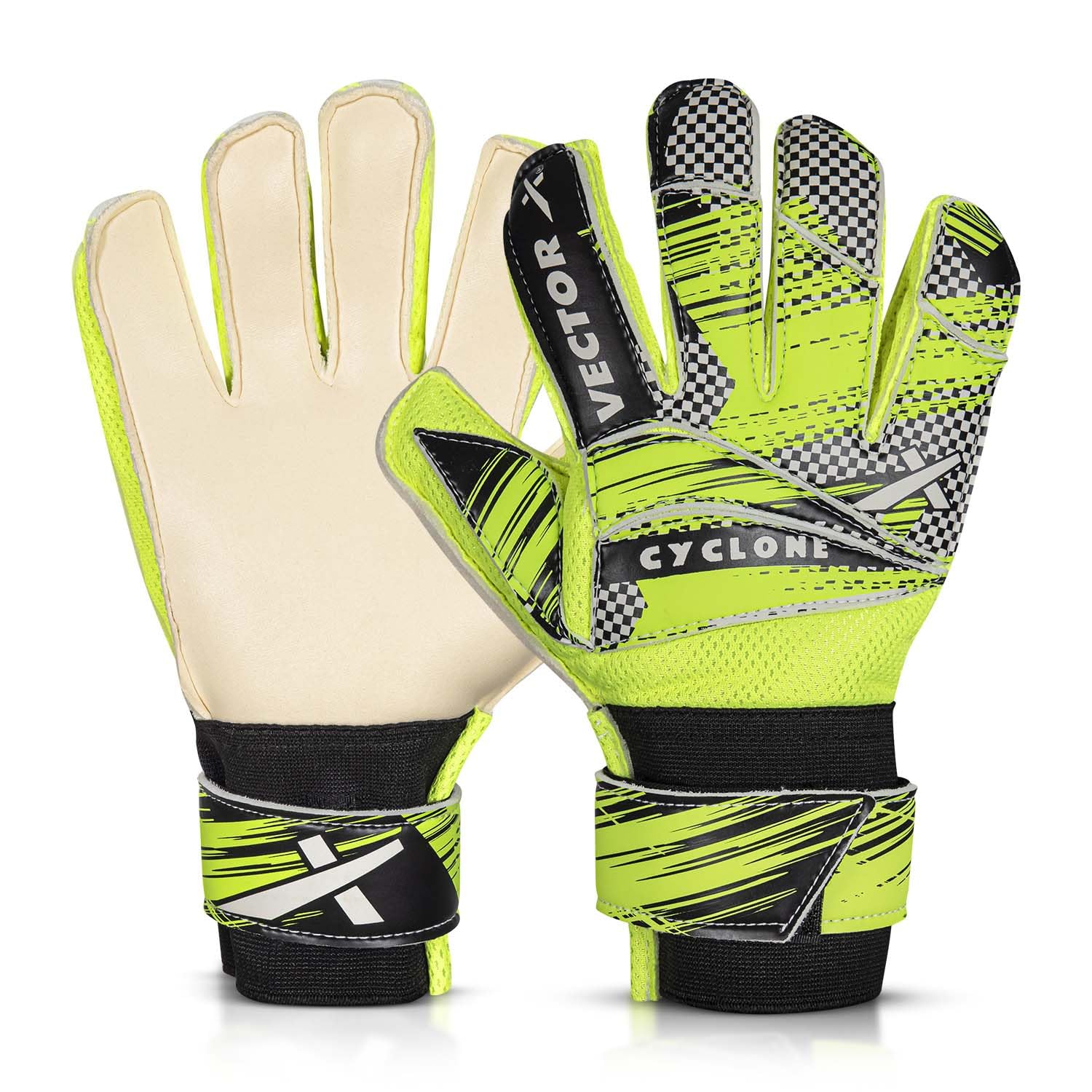 Vector X Cyclone Goalkeeper Gloves with Finger Spines, Strong Grip Latex Palm, Splendid Protection and Comfort for Match and Training Football Use - Best Price online Prokicksports.com