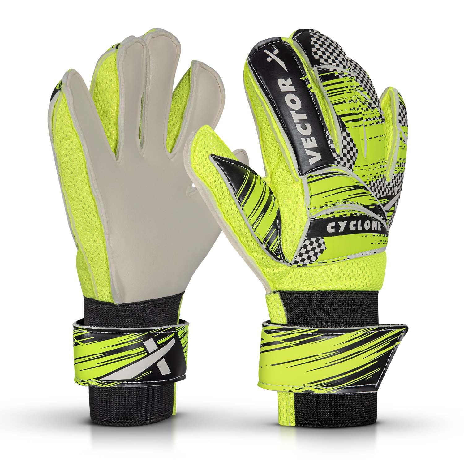 Vector X Cyclone Goalkeeper Gloves with Finger Spines, Strong Grip Latex Palm, Splendid Protection and Comfort for Match and Training Football Use - Best Price online Prokicksports.com