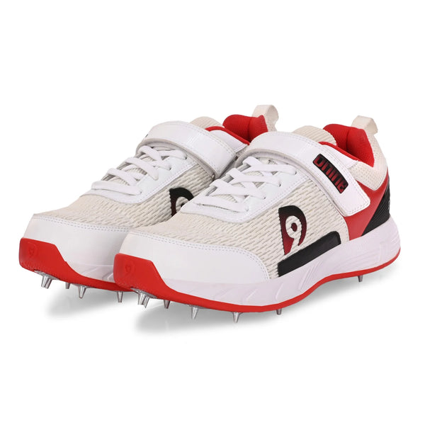 Dnine Warrior-1 Bowling Spikes Cricket Shoes  – White/Red, High-Performance Grip & Comfort for Bowlers