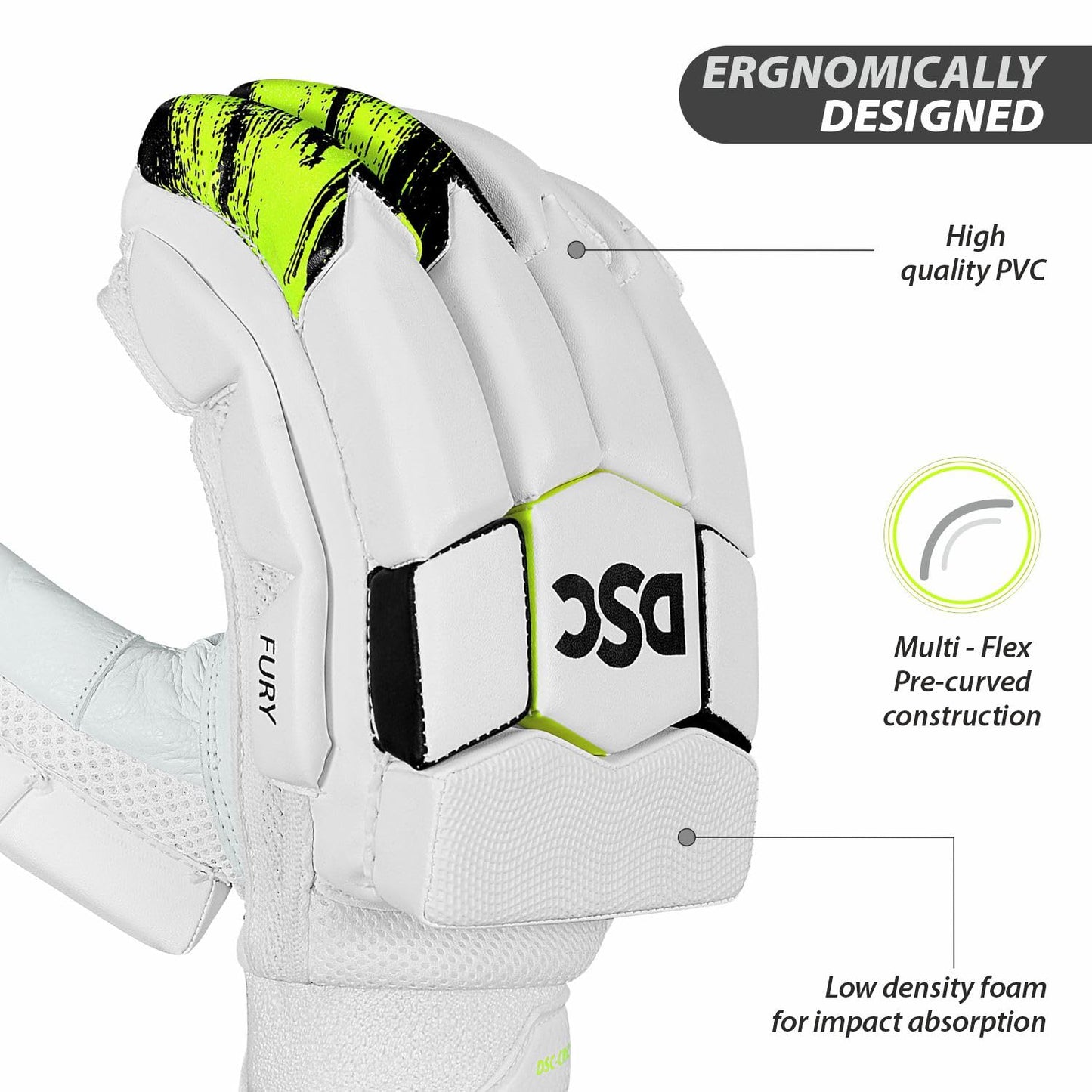 DSC Fury RH Batting Gloves , White/Black/Lime - Best Price online Prokicksports.com