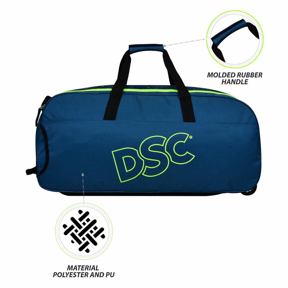DSC Condor Motion Cricket Kitbag with Wheelie | Peacock Blue/Fl. Green | Spacious & Durable Sports Bag - Best Price online Prokicksports.com