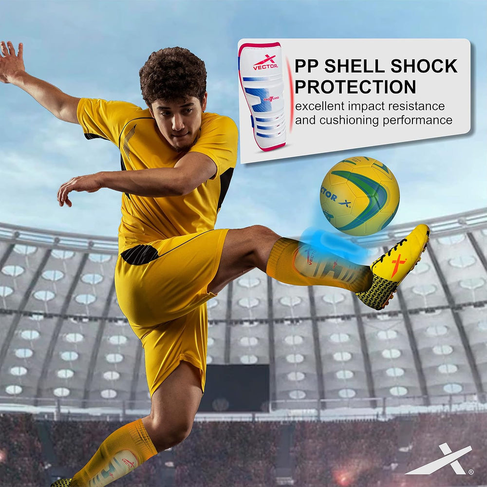 Vector X England Football Shinguard with Lightweight Outer Shell, EVA Foam Padding, Adjustable Straps, and Ergonomic Fit for Training & Match Play - Best Price online Prokicksports.com