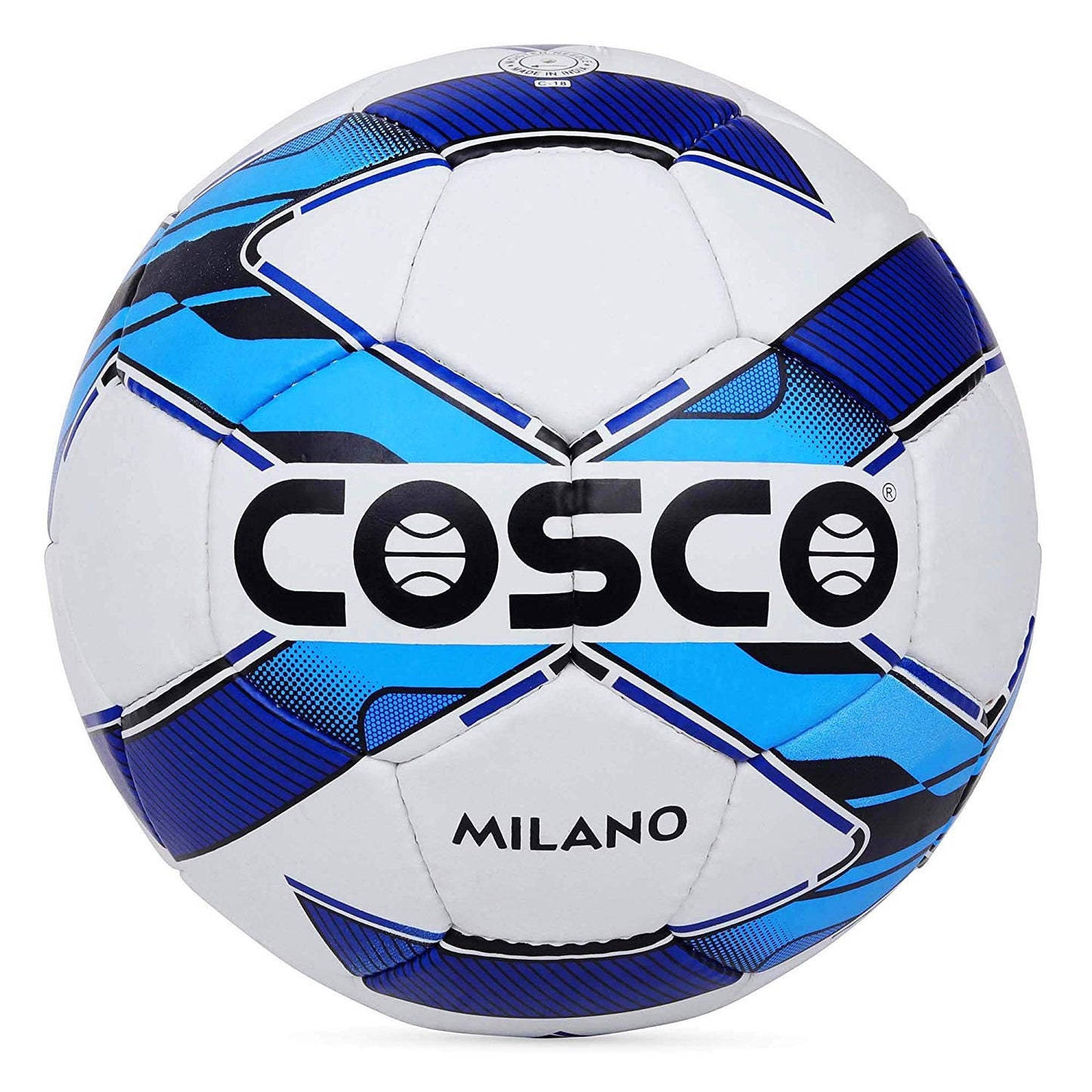 Cosco Milano Synthetic-Fiber Football (Size 5, White/Blue/Black) | Hand-Sewn COSFLEX Match & Training Ball