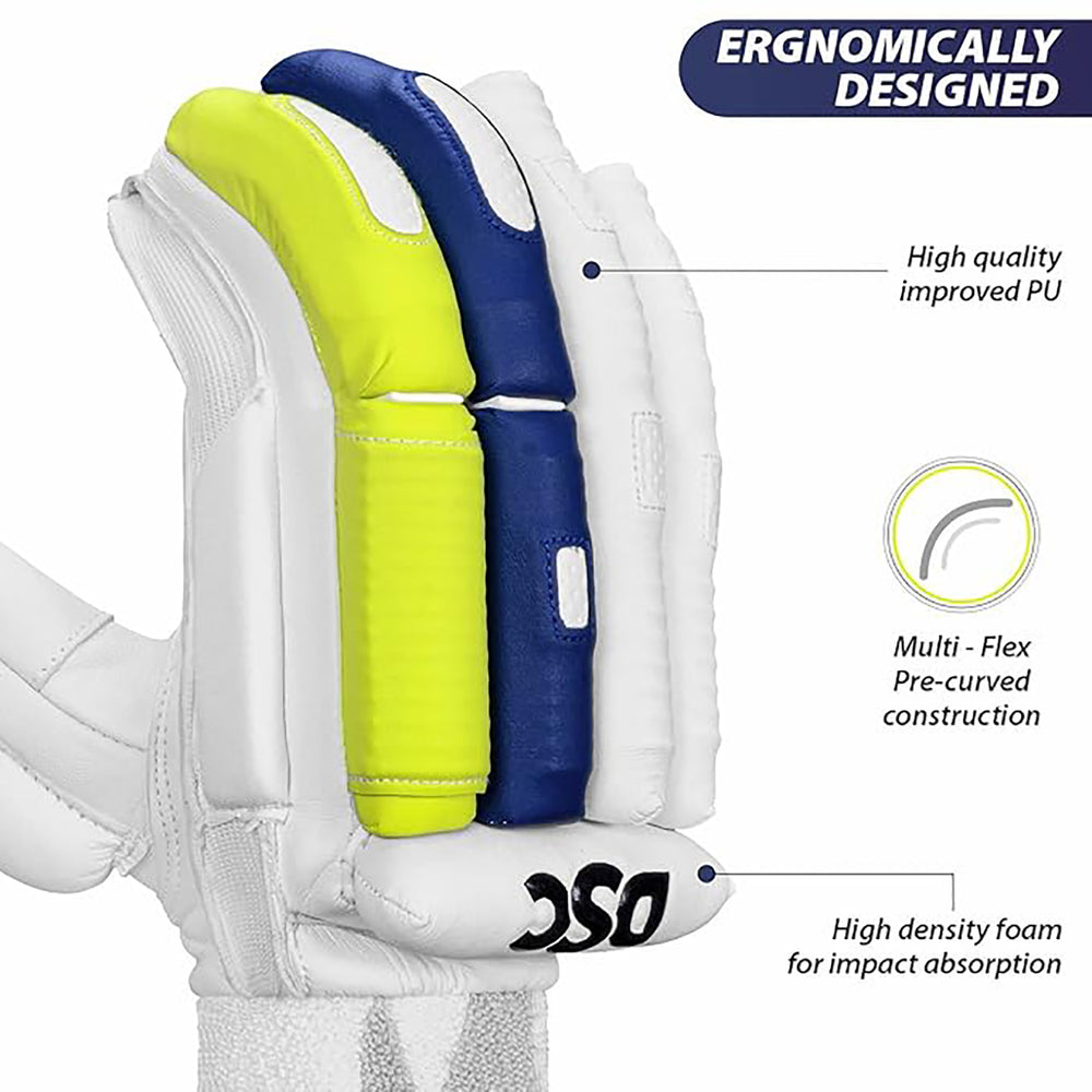 DSC Condor Surge 2.0 Leather Cricket Batting Gloves for Youth (Right Hand) – White/Blue/Yellow - Best Price online Prokicksports.com