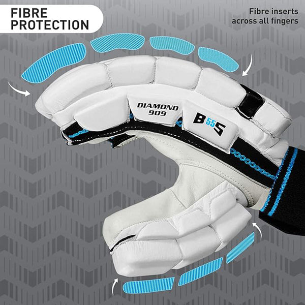GM Diamond 909 Cricket Batting Gloves for Men – Right Handed | Lightweight, Ergonomic Design, Superior Protection & Comfort | White/Blue/Black