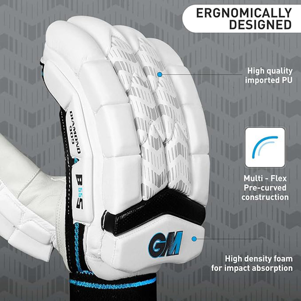 GM Diamond 909 Cricket Batting Gloves for Men – Right Handed | Lightweight, Ergonomic Design, Superior Protection & Comfort | White/Blue/Black - Best Price online Prokicksports.com