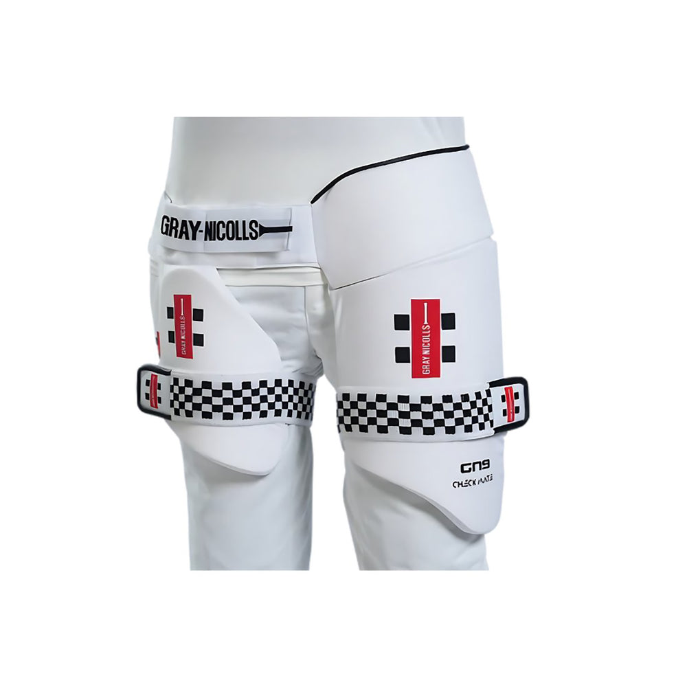 Gray Nicolls GN 9 Checkmate RH Thigh Pad – Lightweight Cricket Protection Gear with Ergonomic Fit, Foam Padding & Adjustable Straps, White