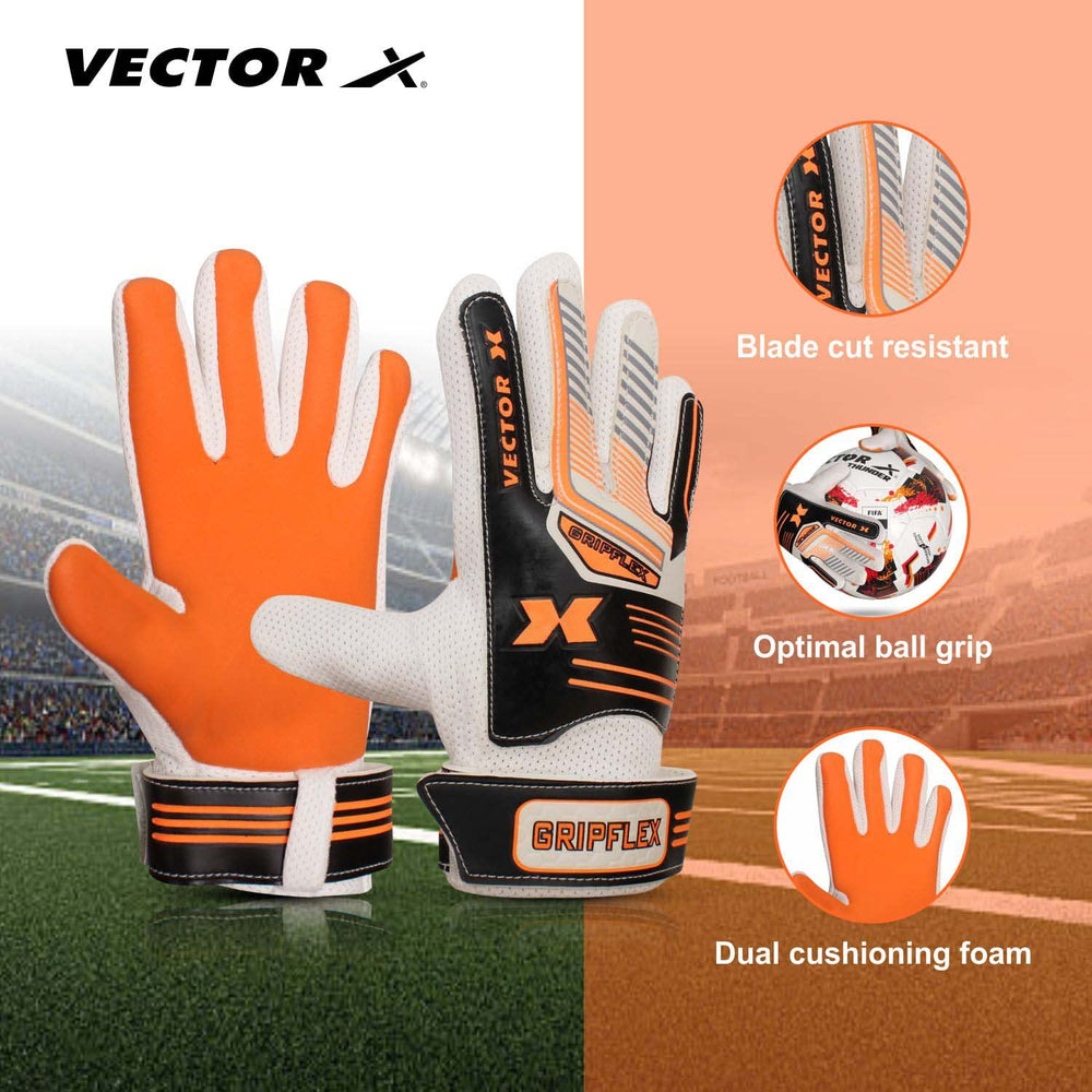 Vector X GripFlex Goalkeeper Gloves for Soccer with Anti-Slip Latex Palm, PU Backhand, Wrist Strap, and Youth Fit for Football Practice - Best Price online Prokicksports.com